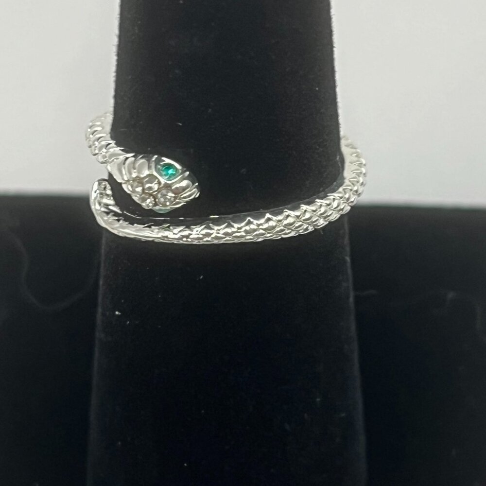Adjustable Silver Tone Snake Ring With Green Eyes - image 2